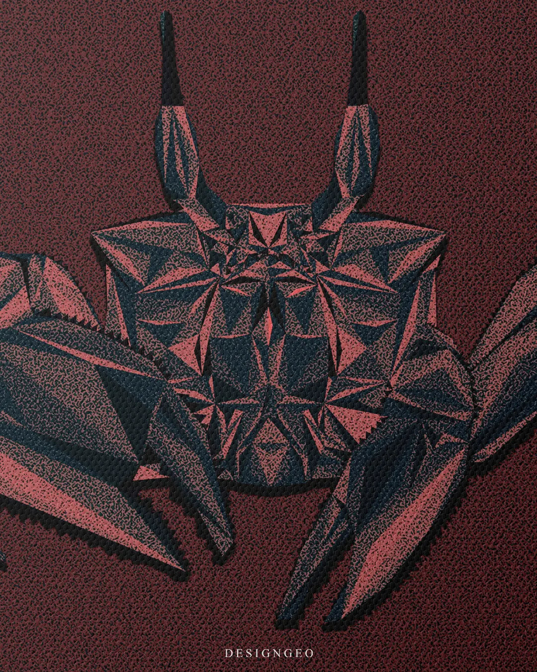 Vertical close-up view detailing the fine canvas texture, geometric claws, and faceted low-poly design of the crab artwork