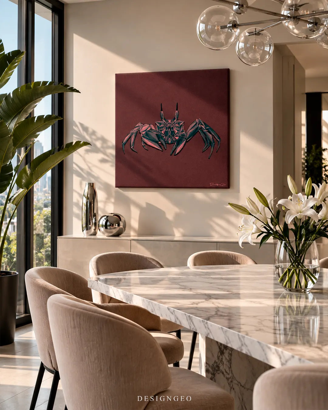 Sunlit luxury dining space with city view featuring a square geometric crab canvas print mounted on a neutral wall above a sleek beige credenza