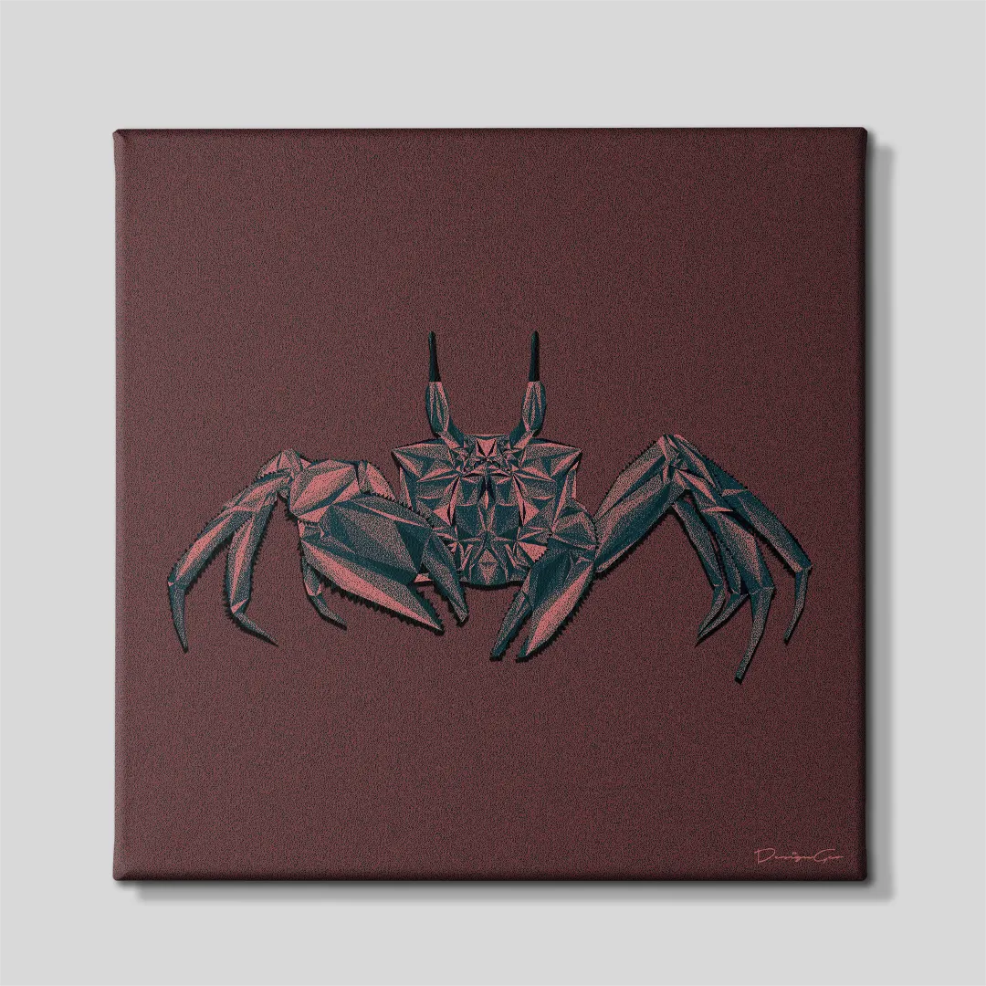 Front view of a square canvas print featuring a low-poly geometric crab in dark teal and burgundy on a deep maroon background