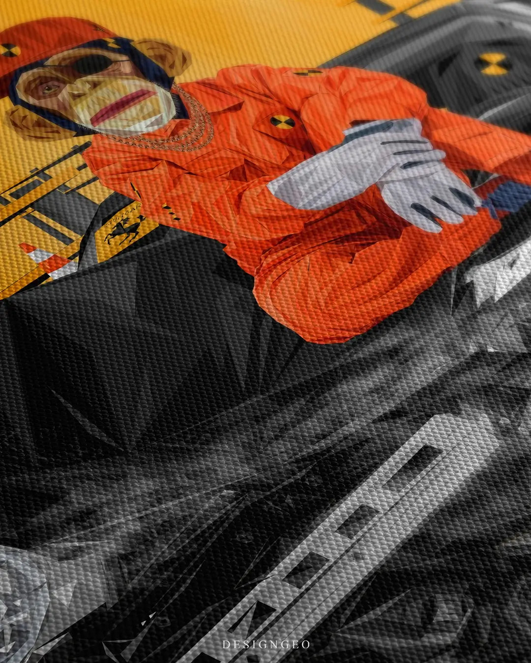 Close-up of monkey crash test dummy canvas art, showing detailed yellow safety markings and high-gloss textures of a sports car interior