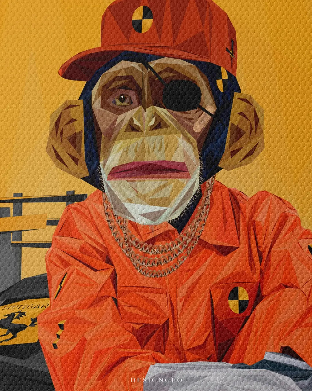 Pop art illustration of a monkey as a crash test dummy inside a sports car, featuring vibrant colors and automotive safety testing aesthetics