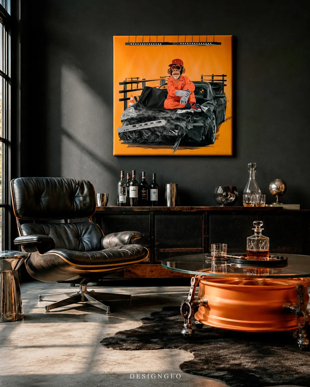 Square monkey crash test dummy canvas print mounted on a dark charcoal wall above a black leather Eames lounge chair, wine credenza, and custom bronze car wheel coffee table