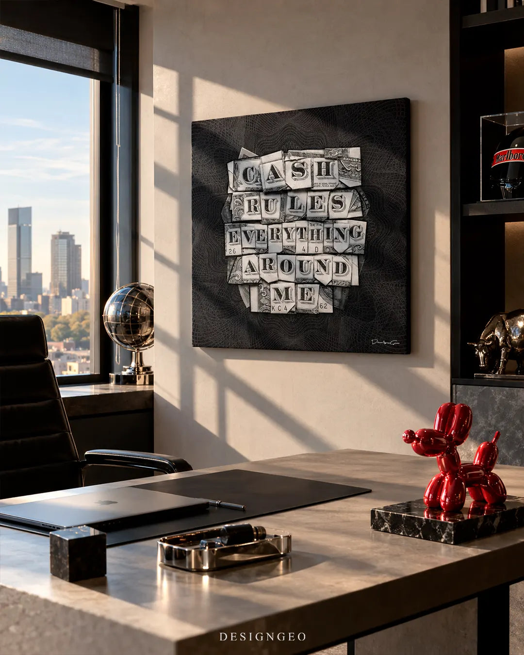 Executive workspace with city skyline view featuring a square C.R.E.A.M. money quote canvas art mounted on a beige wall behind a concrete desk