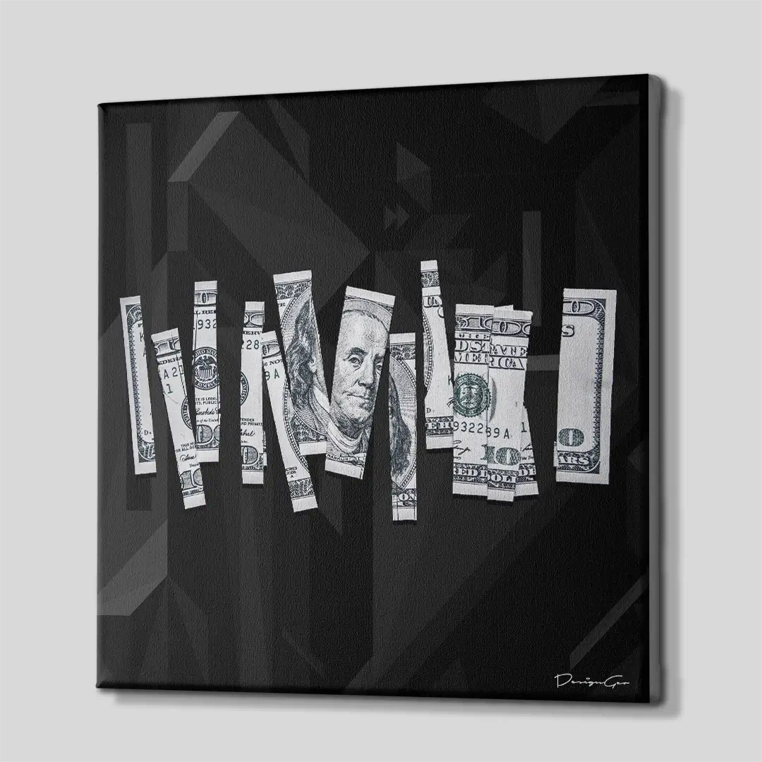 Side angle of the sliced money motivation canvas print, highlighting the high-quality gallery wrap finish and the professional 3D frame depth