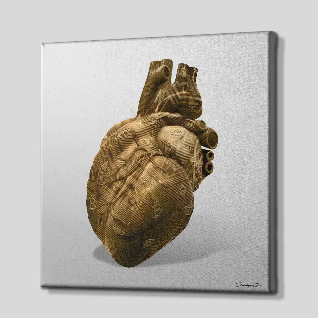 Side angle of the gold crypto heart canvas print, highlighting the high-quality gallery wrap finish and the 3D depth of the square wooden frame