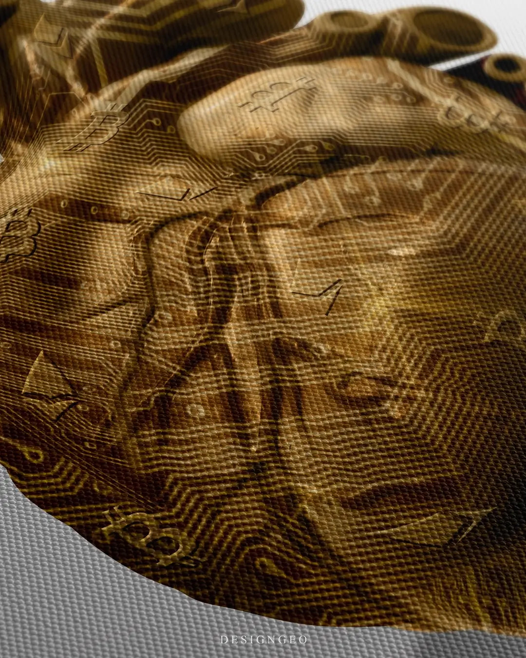 Close-up of gold Bitcoin heart canvas art showing detailed metallic textures, embossed BTC logos, over a white background