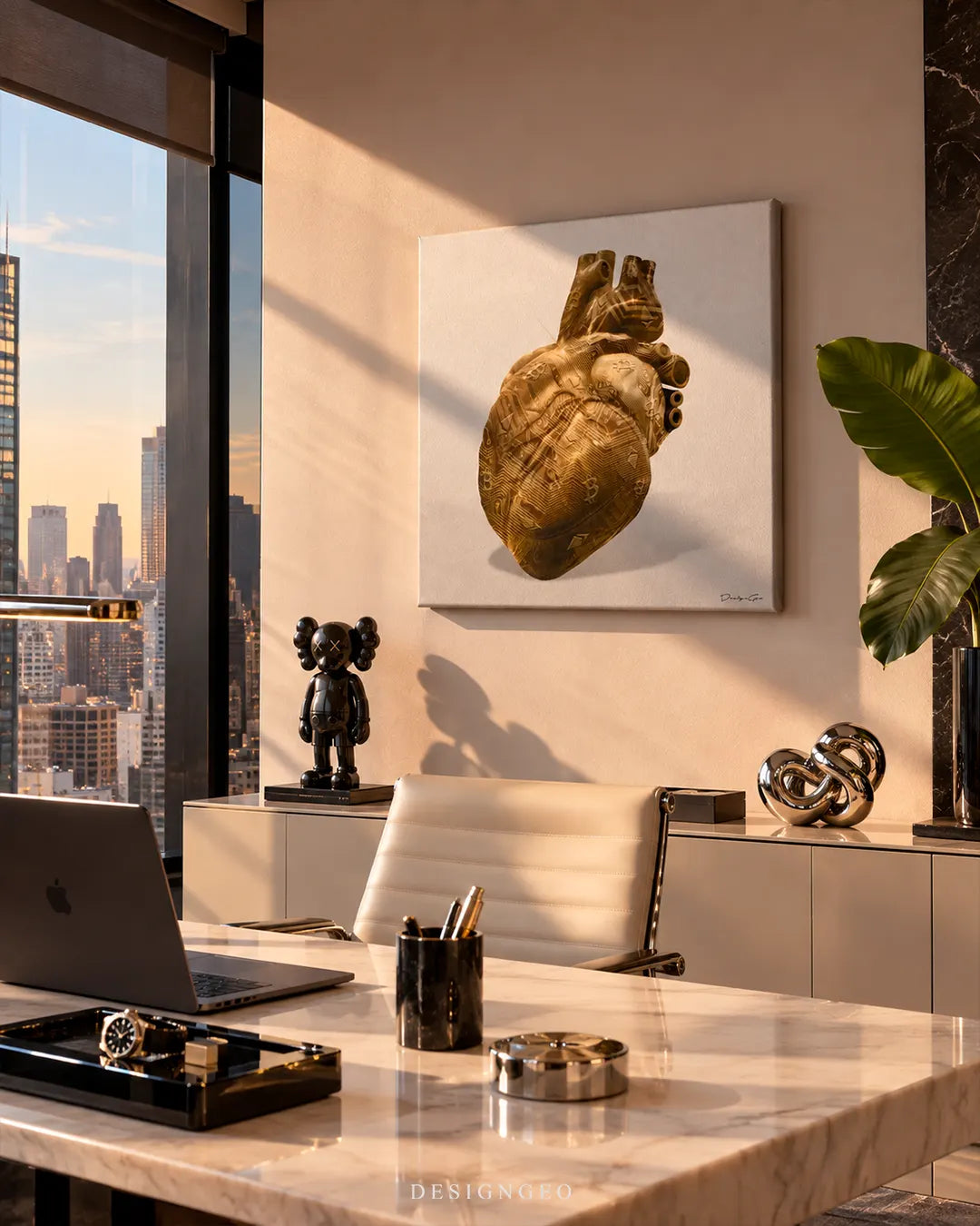 Executive penthouse office featuring a square canvas print of a golden anatomical crypto heart mounted on a neutral wall above a marble desk with city skyline views