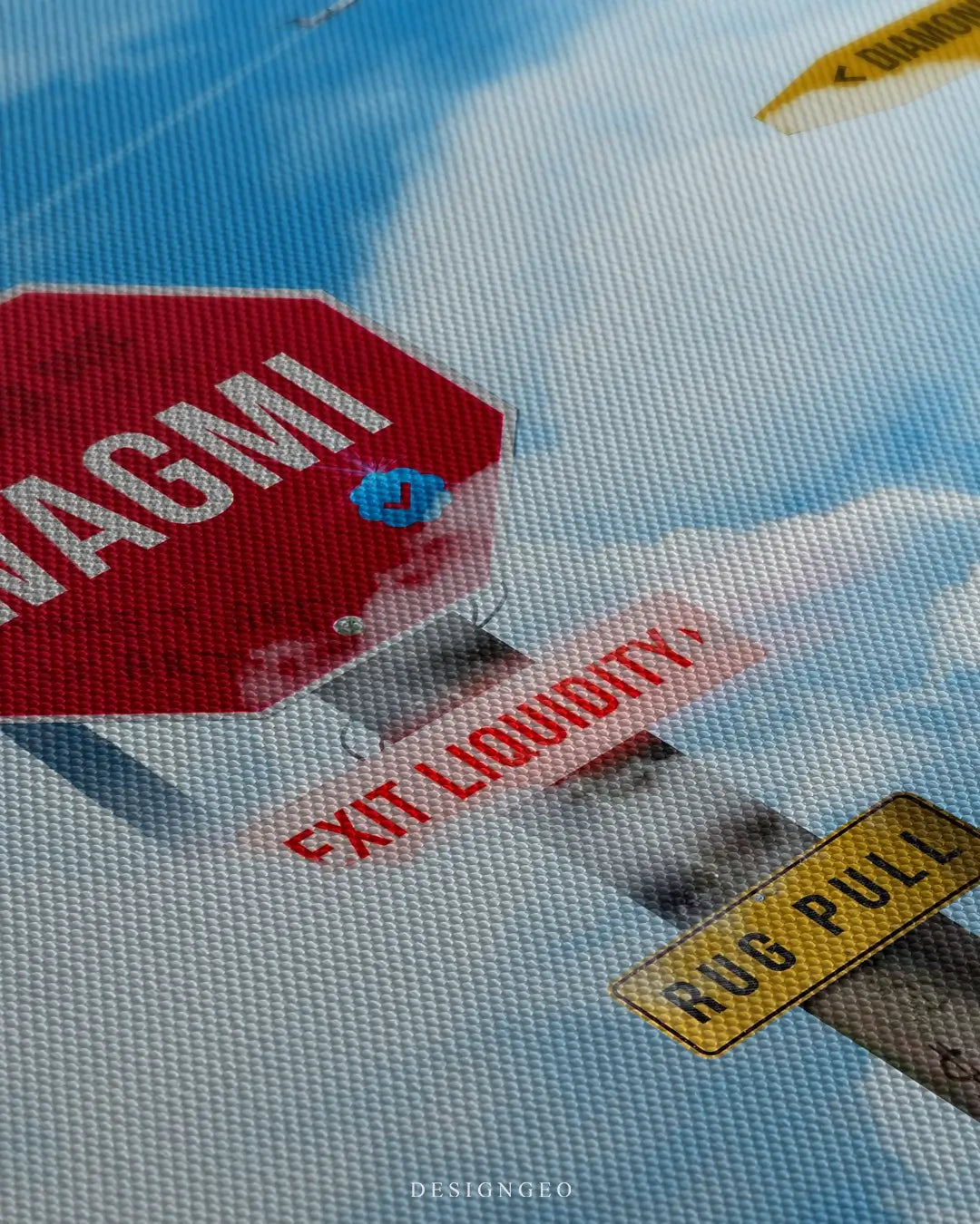 Close-up of modern crypto pop art featuring yellow street signs with Bitcoin and Ethereum logos pointing toward a bright blue sky with soft clouds