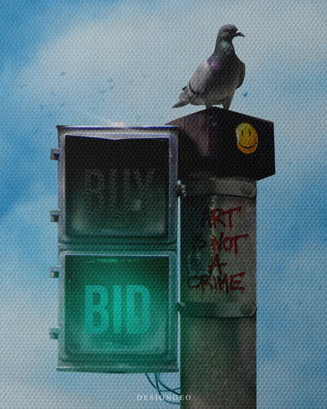 Artistic canvas illustration of cryptocurrency road signs against a sunny sky, symbolizing financial freedom, market direction, and the future of digital assets
