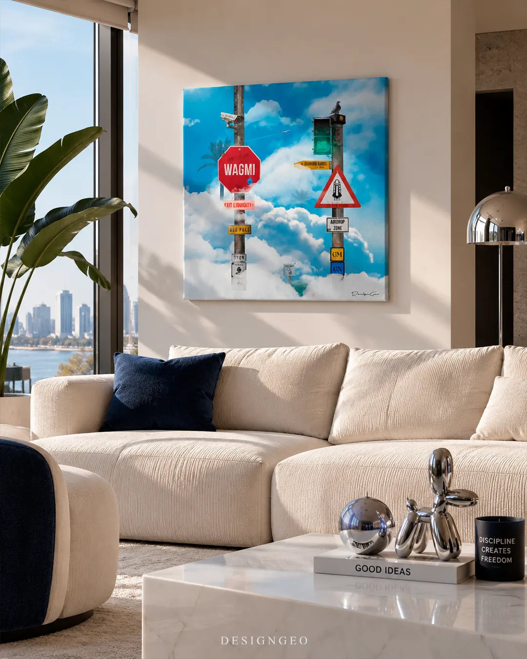 Modern bright penthouse living room with ocean views featuring a square canvas print of crypto traffic street signs mounted above a beige sectional sofa