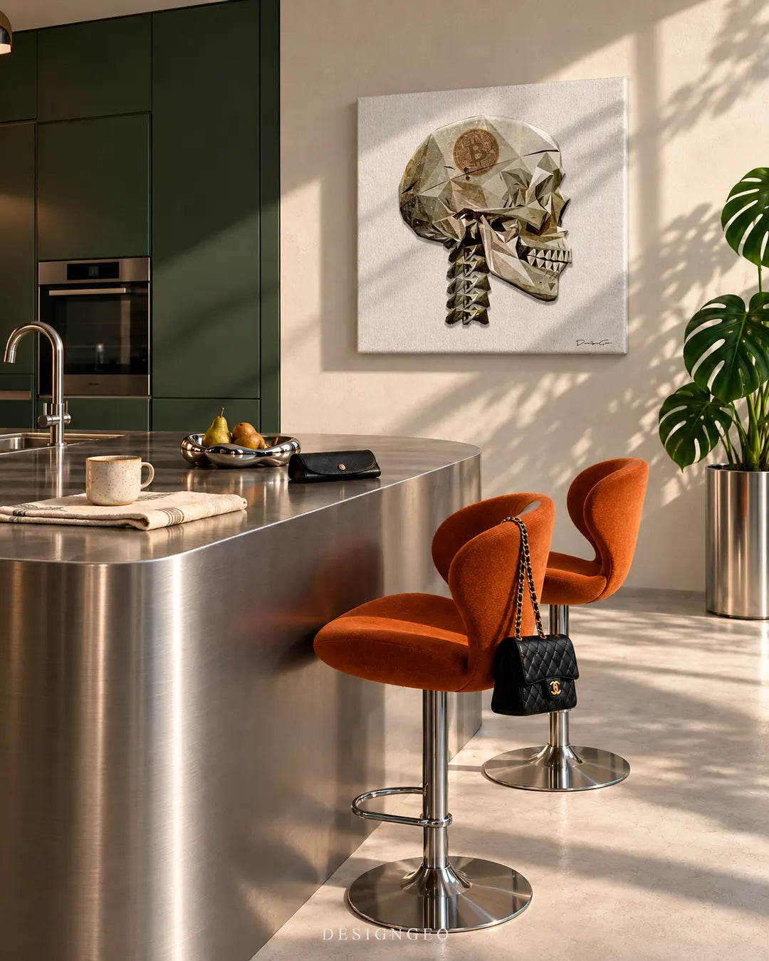 Modern luxury kitchen display featuring a square canvas print of a low-poly geometric skull with a gold Bitcoin coin embedded in the temple mounted on a light beige wall