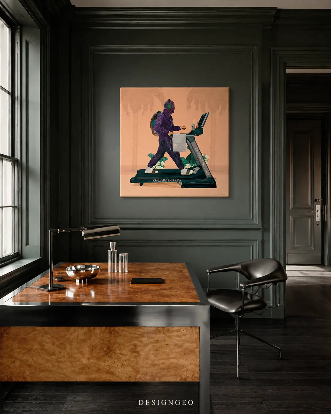 Square balaclava man on treadmill canvas wall art mounted on a dark green paneled wall in a luxury executive office above a wooden burl desk and leather chair