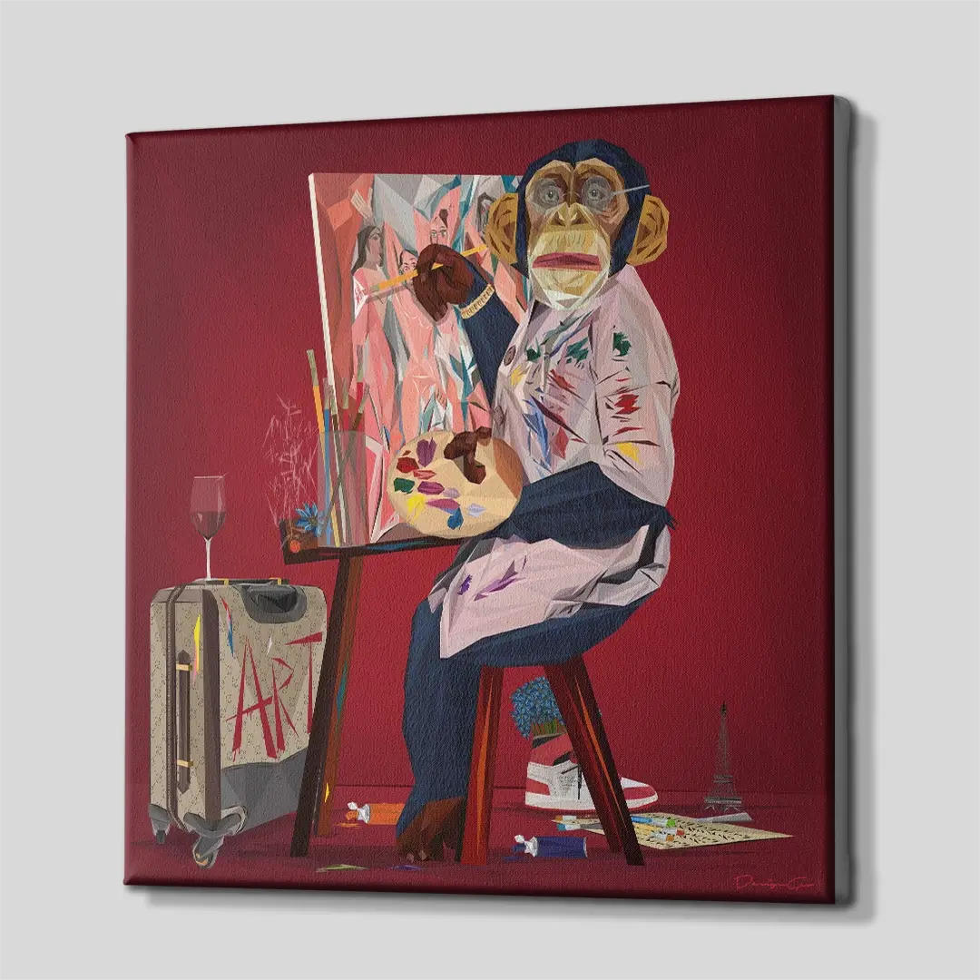 Side angle of the geometric monkey cubism canvas art, highlighting the professional gallery wrap and the 3D depth of the wooden frame