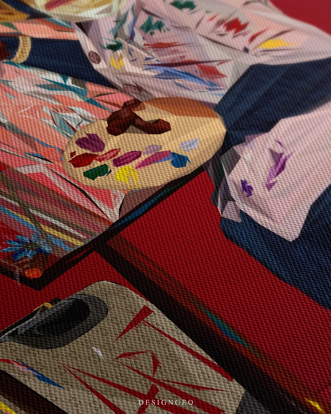 Close-up of geometric monkey art on canvas showing intricate cubist patterns, paint textures, and vibrant red and yellow tones