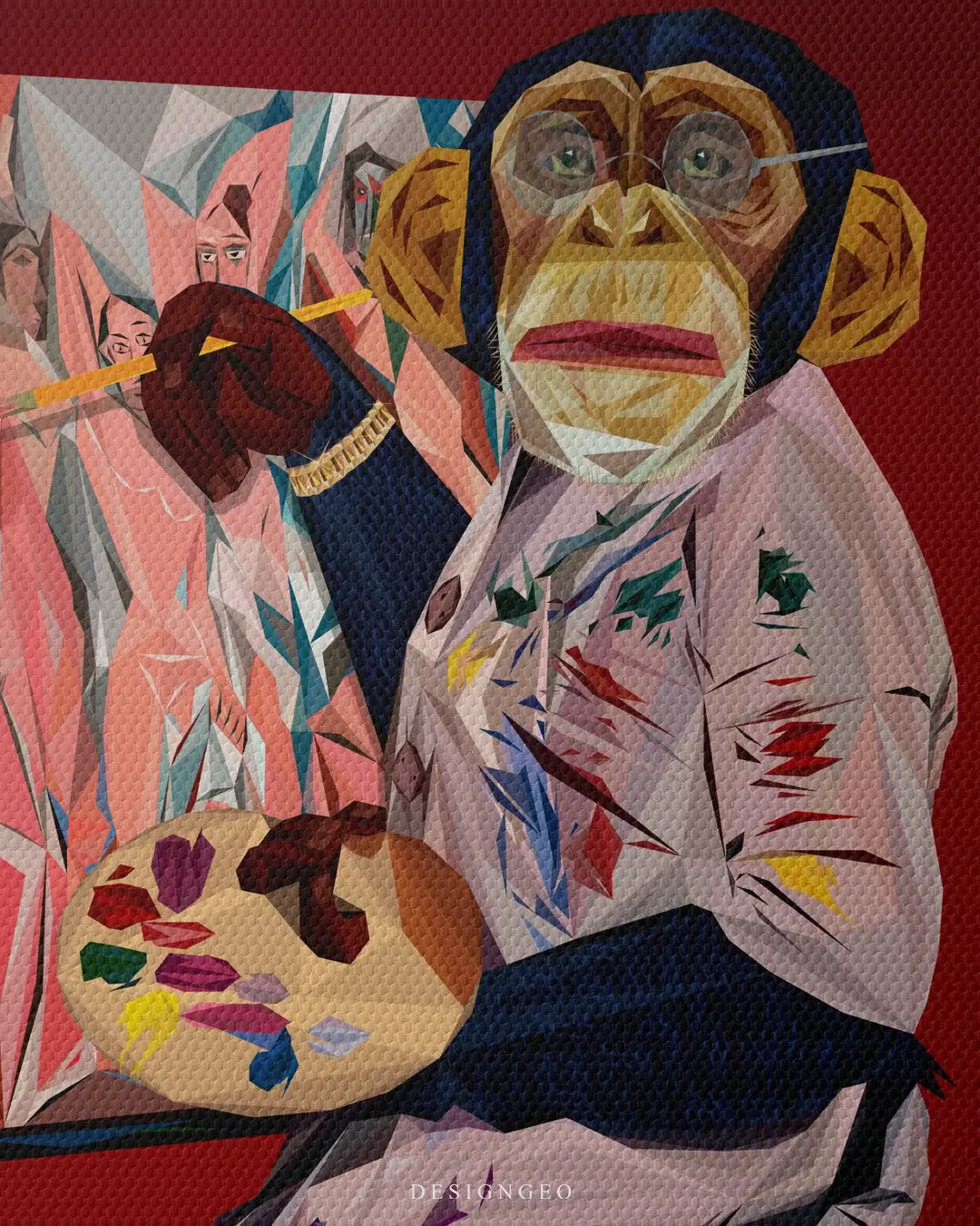 Cubist-style illustration of a geometric monkey painter in its atelier creating an abstract masterpiece against an intense red background
