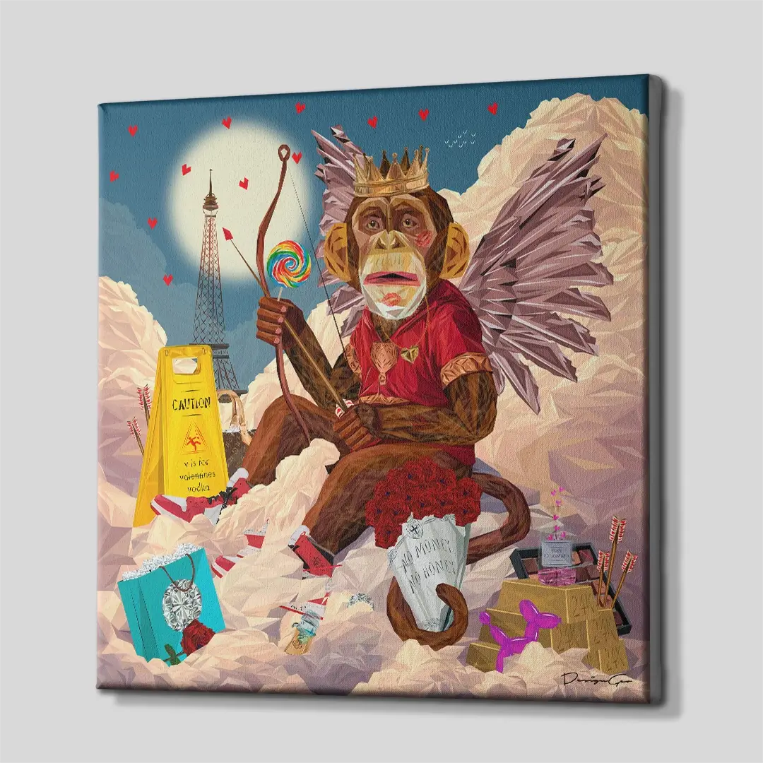Side angle of the monkey Cupid pop art canvas print, highlighting the high-quality gallery wrap finish and professional 3D frame depth