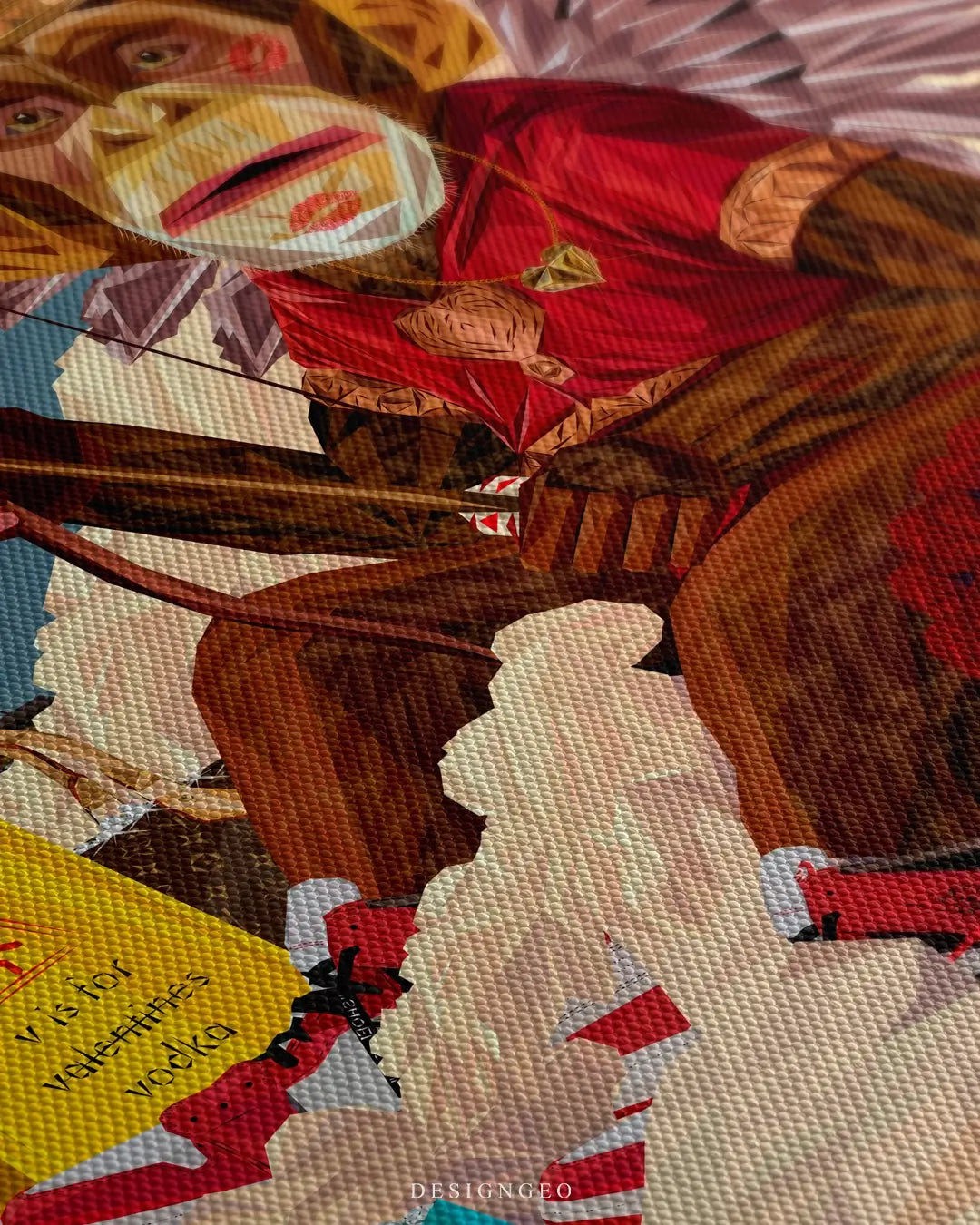 Close-up of modern pop art wall decor featuring a monkey dressed as Cupid with a golden bow and arrow against a vibrant romantic background