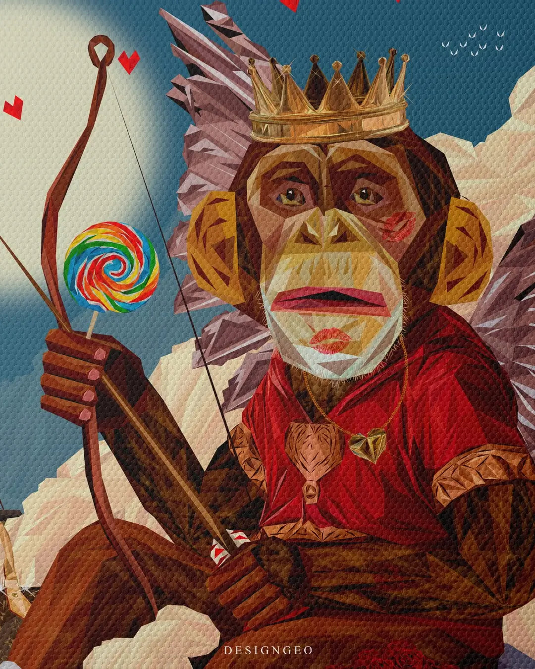 Vibrant pop art canvas illustration of a Cupid monkey holding a heart-tipped arrow, symbolizing love and passion in a bold contemporary style