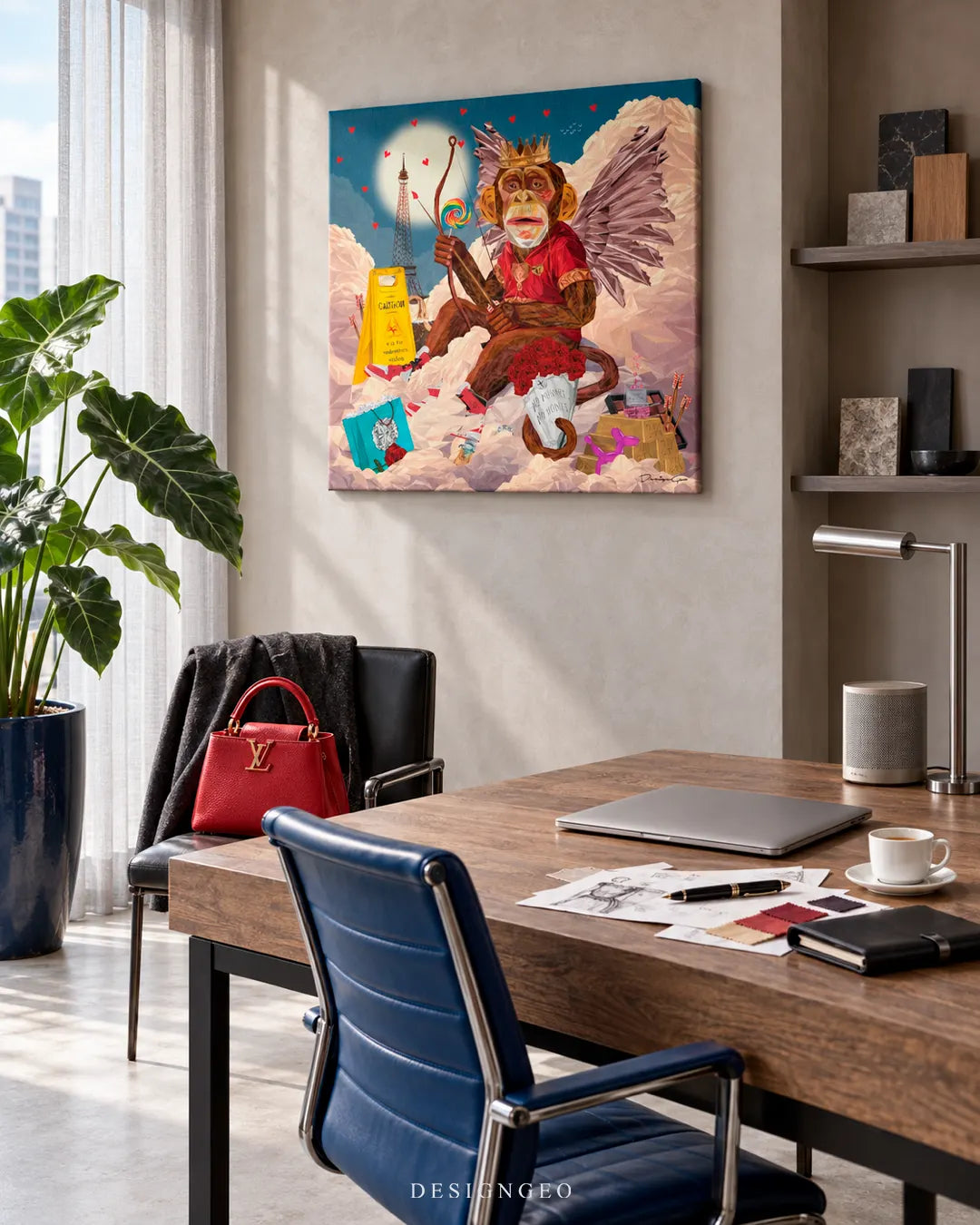 Square canvas print of a cupid monkey holding a bow among clouds mounted on a beige wall in a modern executive home office