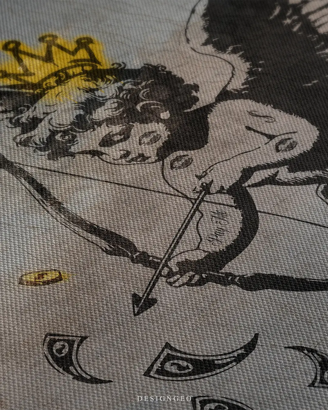 Close-up of street art canvas showing an urban cupid with a golden crown, featuring spray paint textures and flying dollar bill details