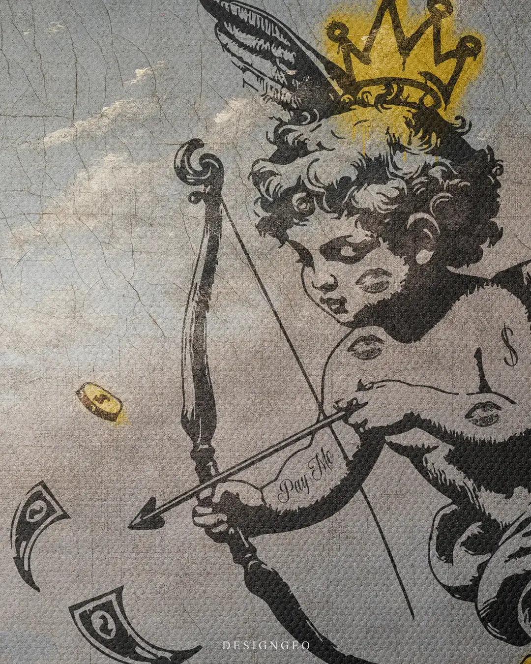 Urban graffiti illustration on canvas of a cupid angel with a golden crown catching falling money, blending street art style with luxury themes