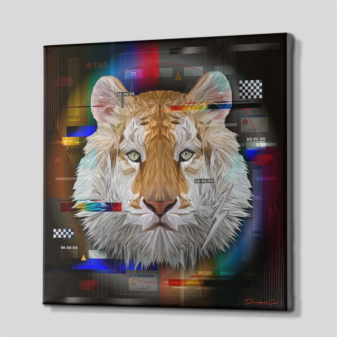 Side angle of the neon tiger motivation canvas print, highlighting the high-quality gallery wrap finish and the professional 3D frame depth