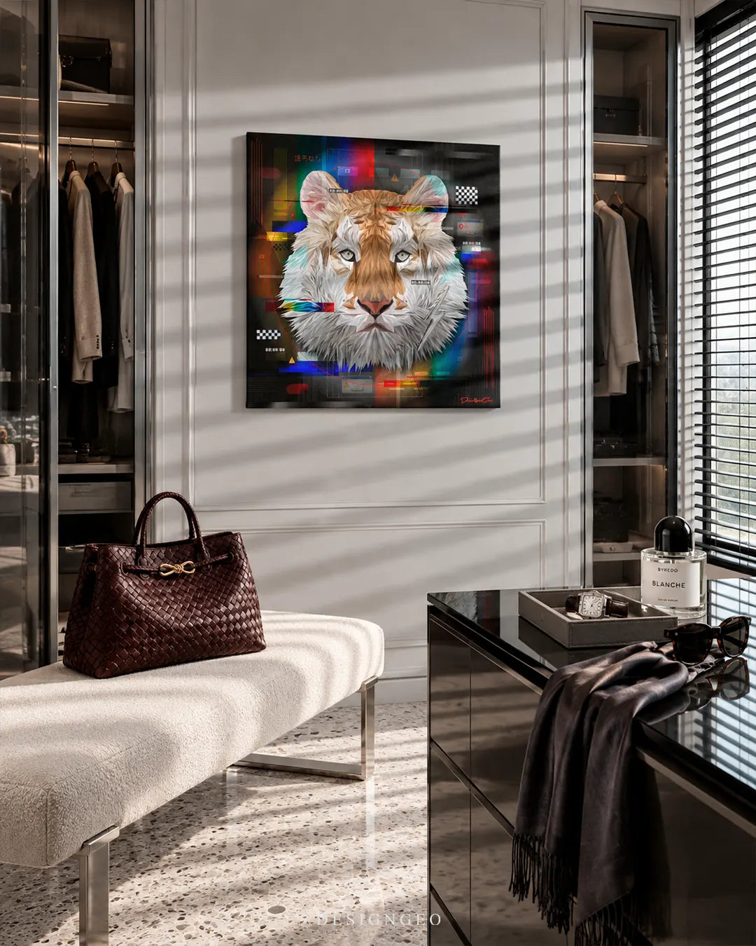Square canvas print of a futuristic cyberpunk tiger portrait with glitch art effects mounted on a white wall in a luxury walk-in closet