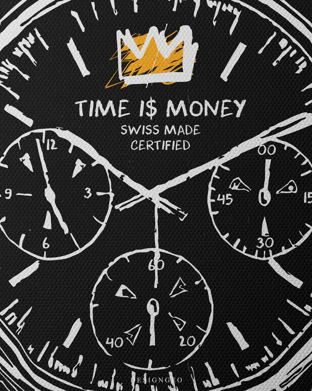 Close-up macro detail shot showing the canvas texture, yellow painted crown emblem, white Time Is Money text, and chronograph sub-dials