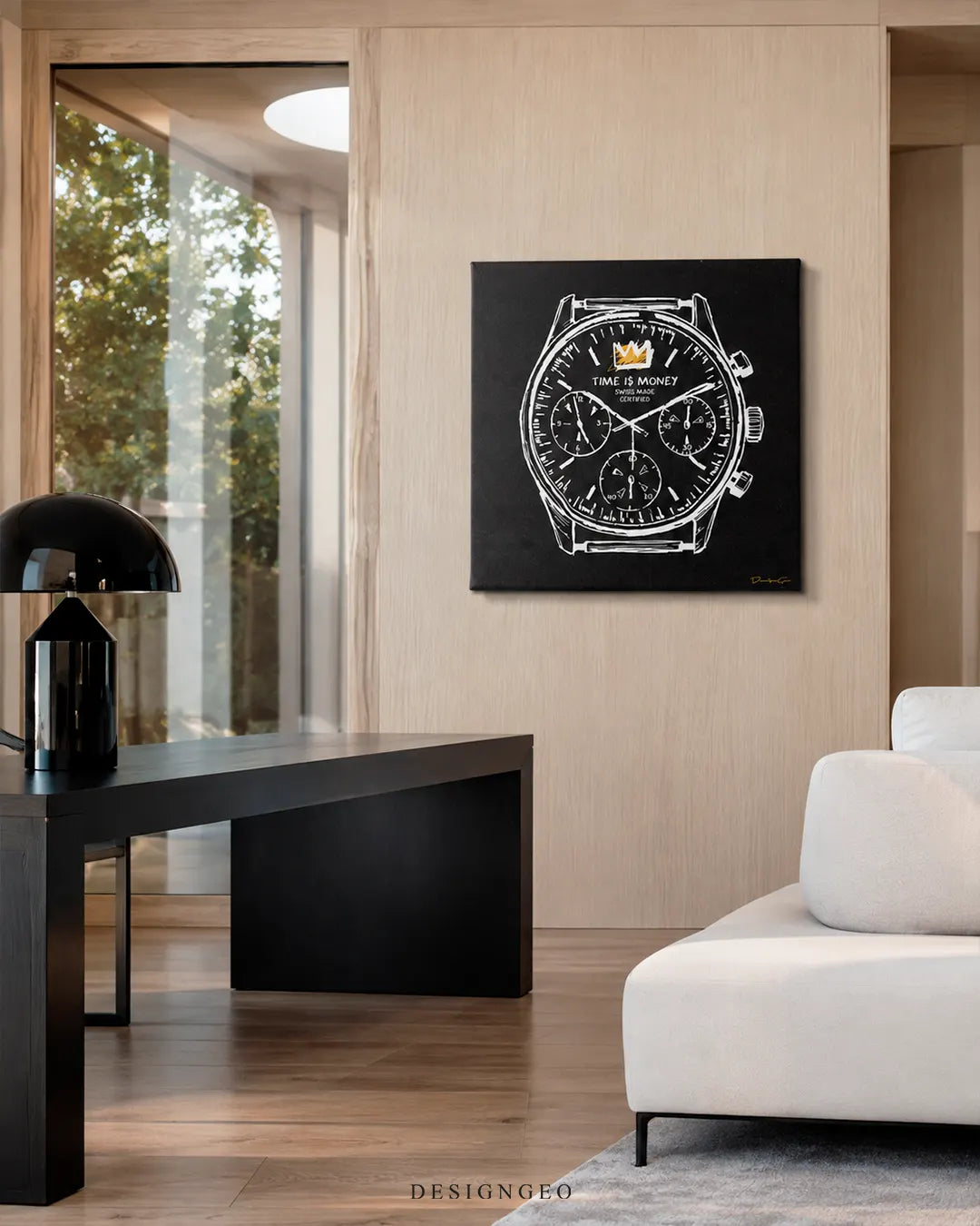 Square Time Is Money watch canvas wall art mounted on a light wood wall in a luxury minimalist office next to a sleek black desk and white sofa