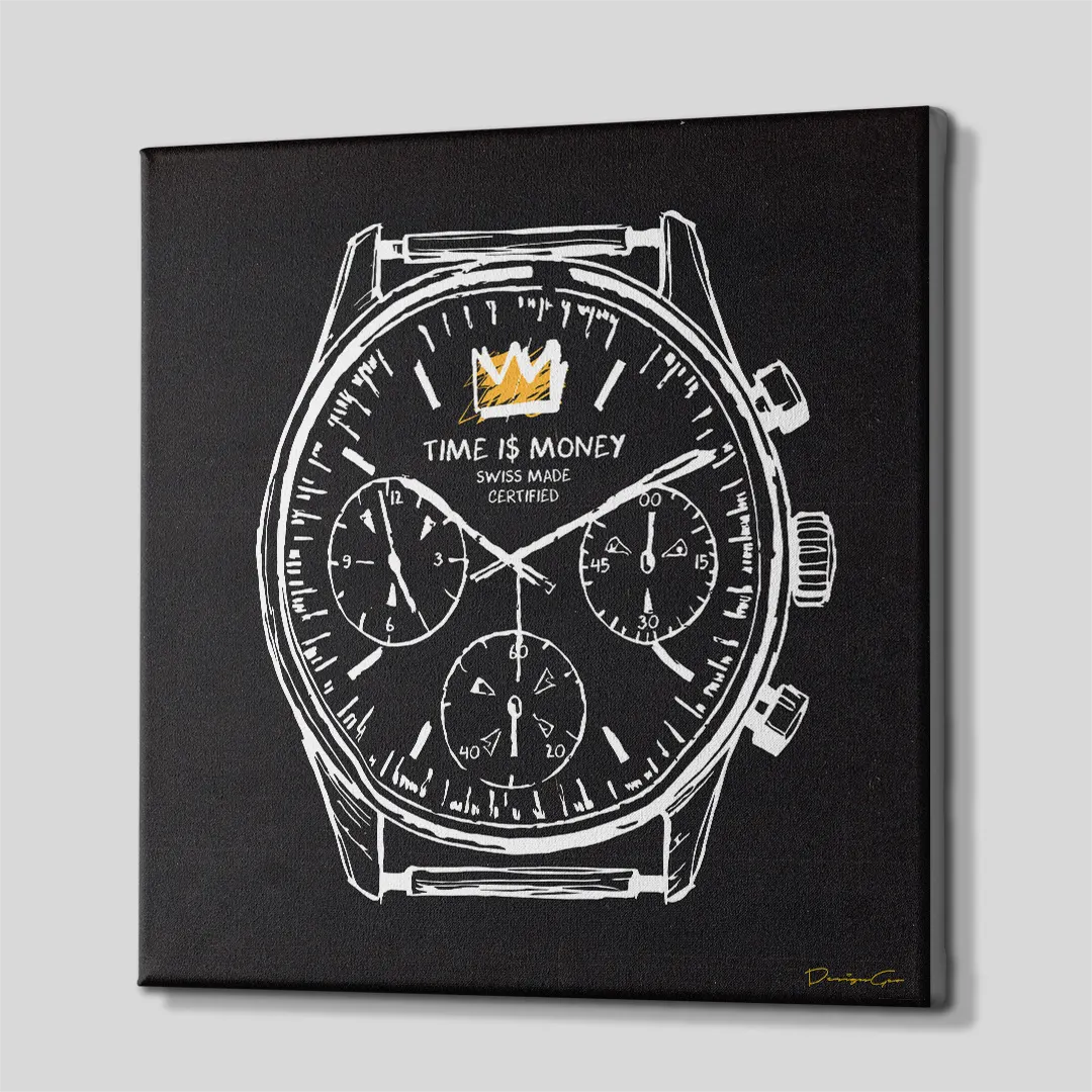 Three-quarter side angle of the Time Is Money watch canvas print showing gallery-wrapped black edges mounted on a wooden frame