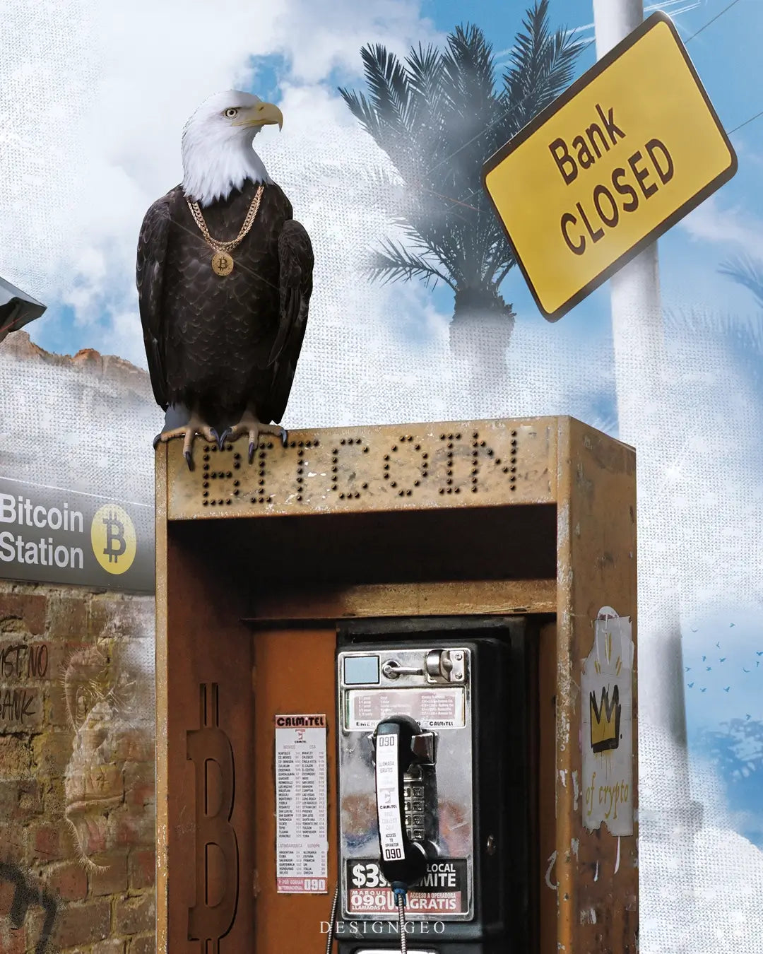 Artistic canvas illustration of a futuristic landscape dominated by crypto technology over traditional banking, representing the rise of decentralized finance and the digital economy