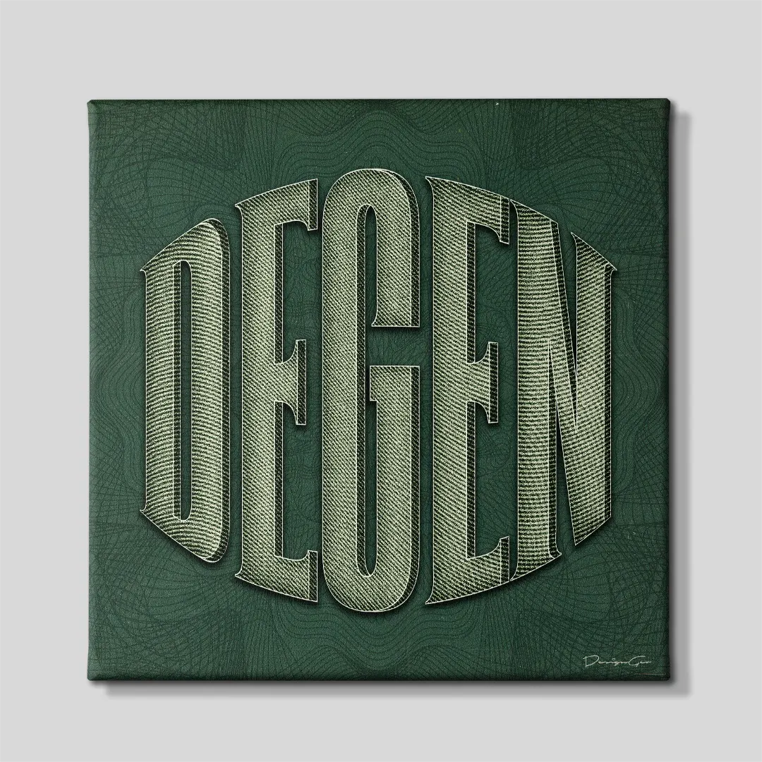 Front view of a square dark green canvas print featuring the word DEGEN spelled in a vintage 3D banknote engraving style over a guilloche patterned background