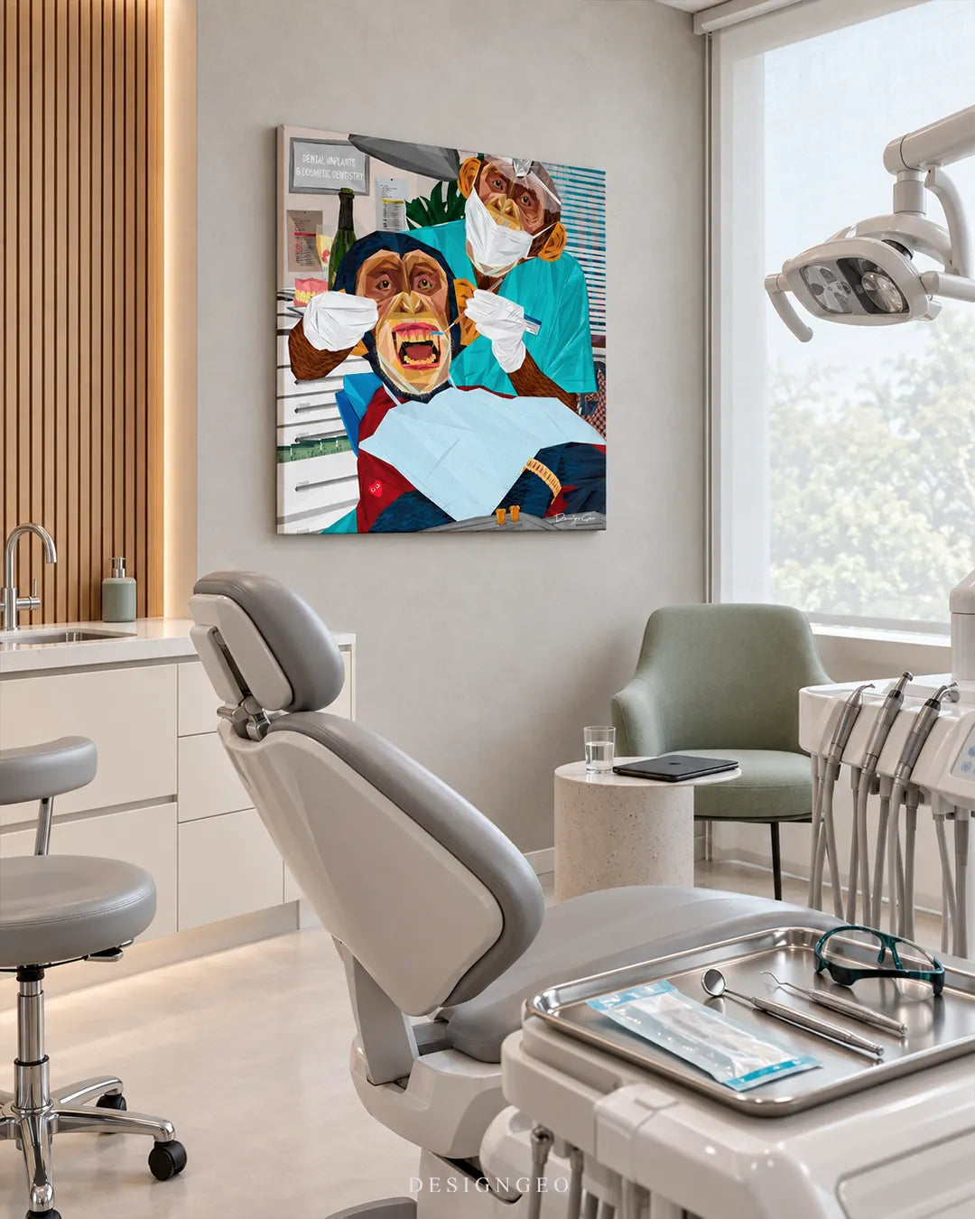 Square canvas print of a monkey dentist examining a chimpanzee patient mounted on a light wall in a modern dental clinic above a dentist chair
