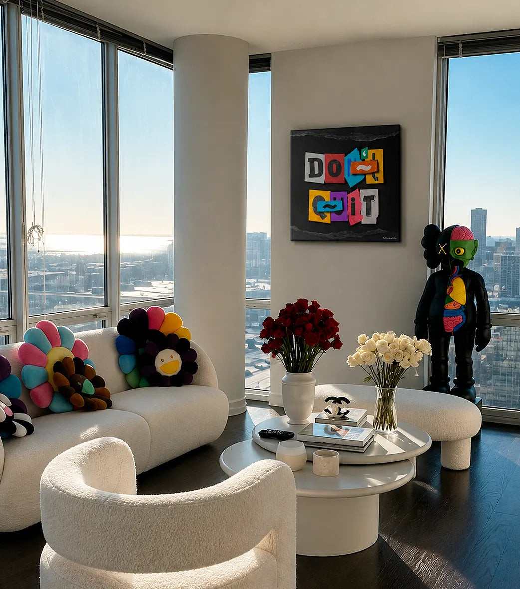 Urban canvas wall art featuring a collage motivational quote "DO IT", hanging in a modern apartment living room