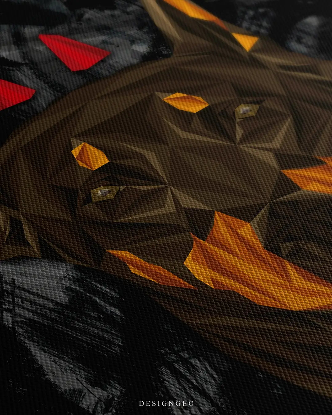 Close-up of an edgy Doberman Pinscher portrait in pop art style, featuring sharp red devil horns and realistic dark fur textures on a black background