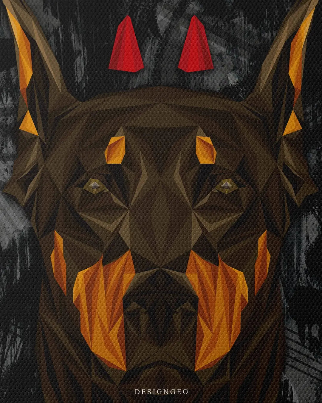 Artistic canvas illustration of a Doberman with red devil horns, blending vibrant pop art colors and street style elements to symbolize strength and an edgy attitude