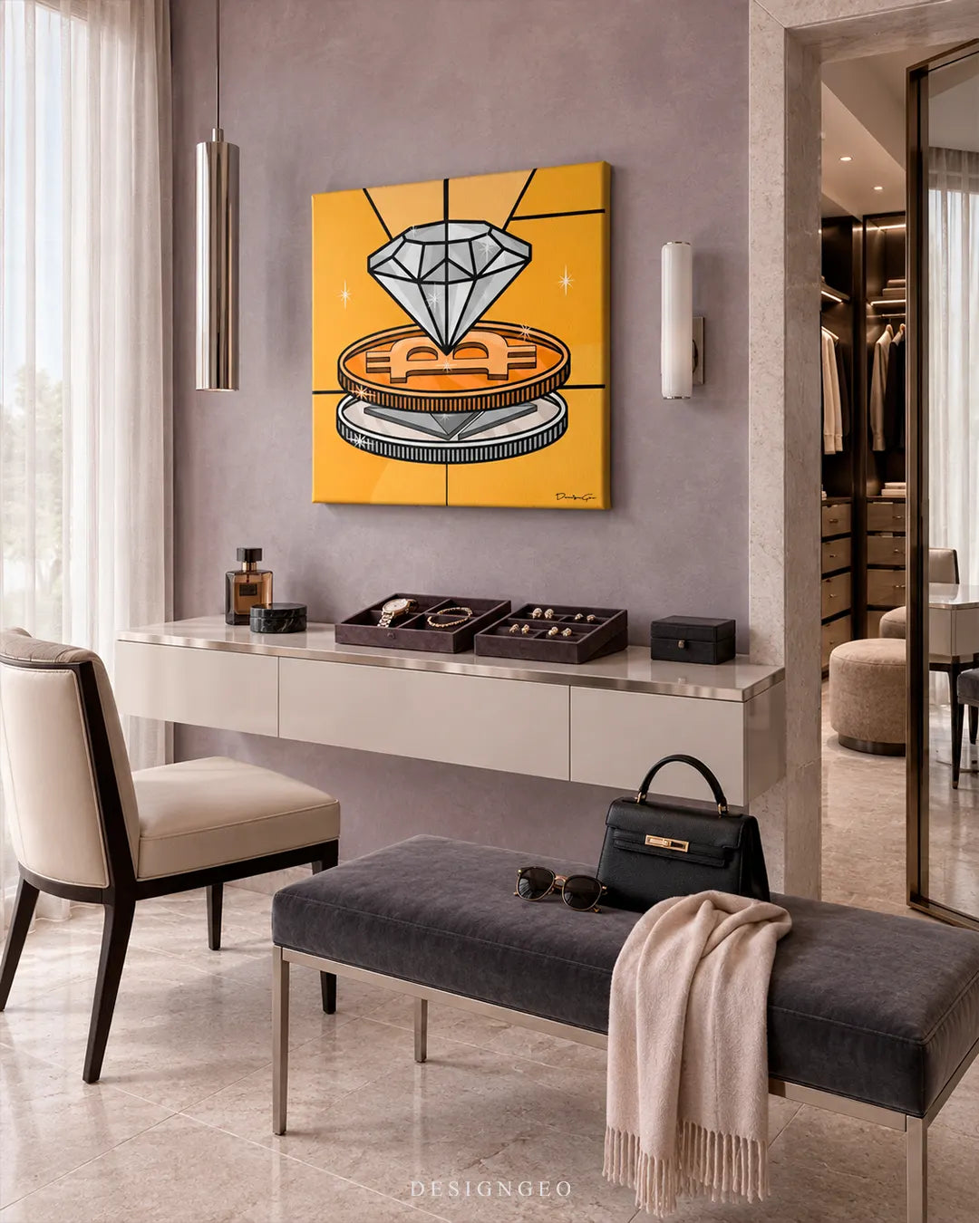 Square canvas print featuring a popup art diamond and crypto coins hanging on a purple-grey wall in a luxury dressing room above a floating vanity desk