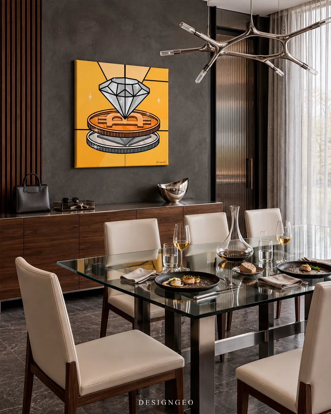Square yellow canvas print of a diamond floating over Bitcoin and Ethereum coins mounted on a dark wall in a modern luxury dining room