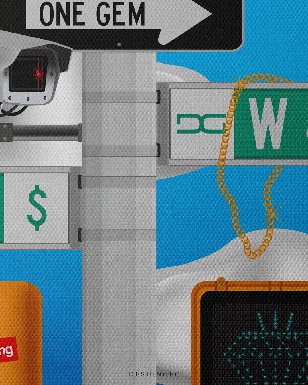 Artistic canvas illustration of New York City street signs, symbolizing the hustle of the Diamond District, financial ambition, and metropolitan success