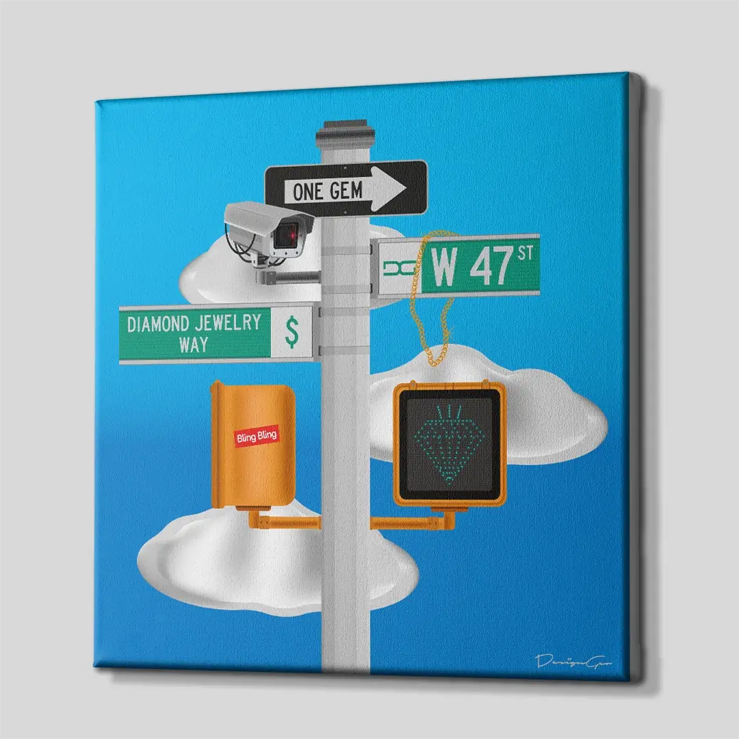 Side angle of the Manhattan street sign motivation canvas print, highlighting the high-quality gallery wrap finish and the professional 3D frame depth