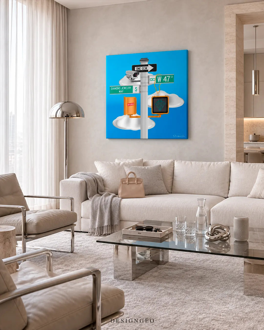 Square bright blue canvas print featuring NYC W 47th St Diamond Jewelry Way street signs mounted on a beige wall in a modern luxury living room above a cream sectional sofa