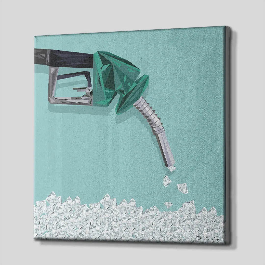 Three-quarter side angle of the Diamond Fuel canvas print showing gallery-wrapped light turquoise edges mounted on a wooden frame