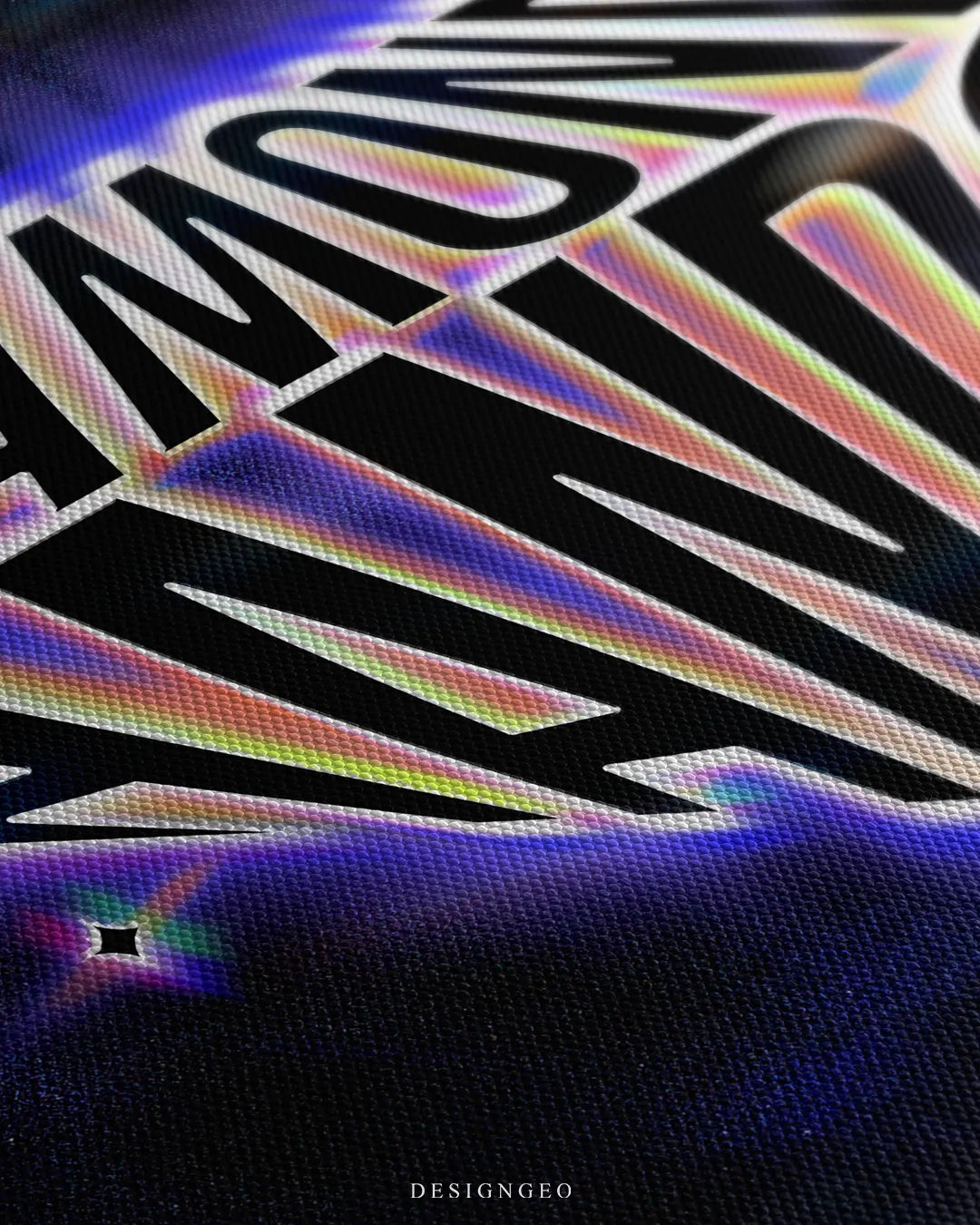 Angled close-up detail shot highlighting the textured canvas material and vibrant holographic aura lines on the Diamond Hands art print