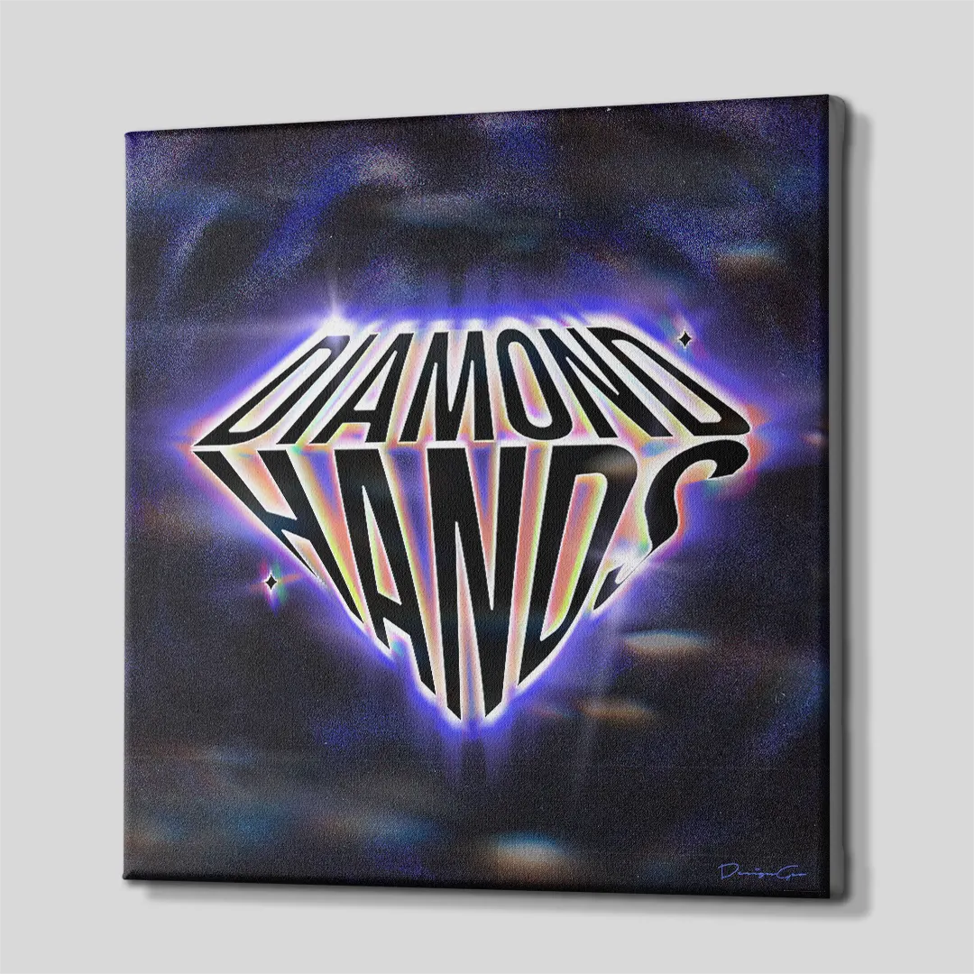 Three-quarter side angle of the Diamond Hands crypto canvas wall art showing gallery-wrapped dark edges mounted on a wooden frame