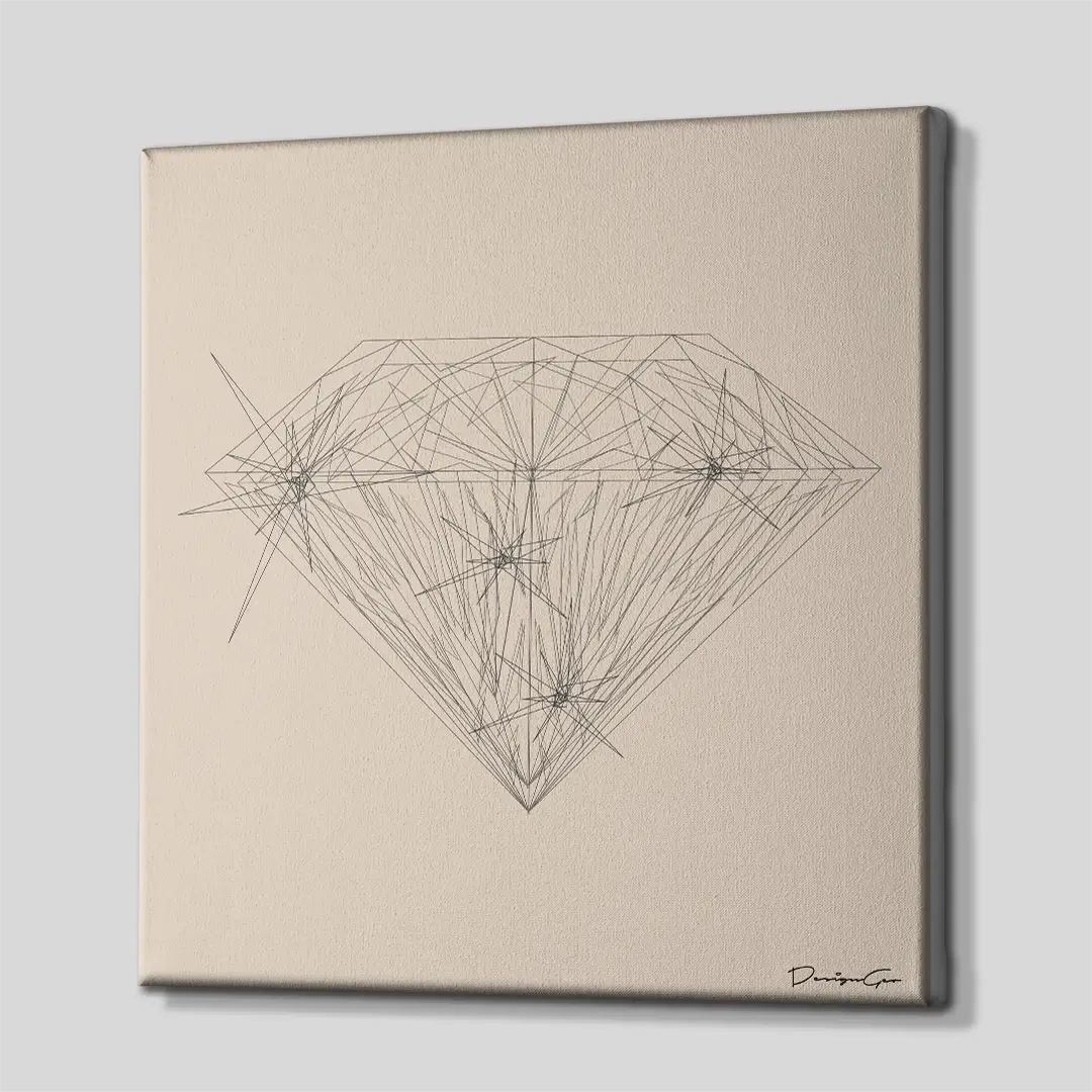 Side angle of the black line diamond canvas print, highlighting the high-quality gallery wrap finish and the professional 3D depth of the wooden frame