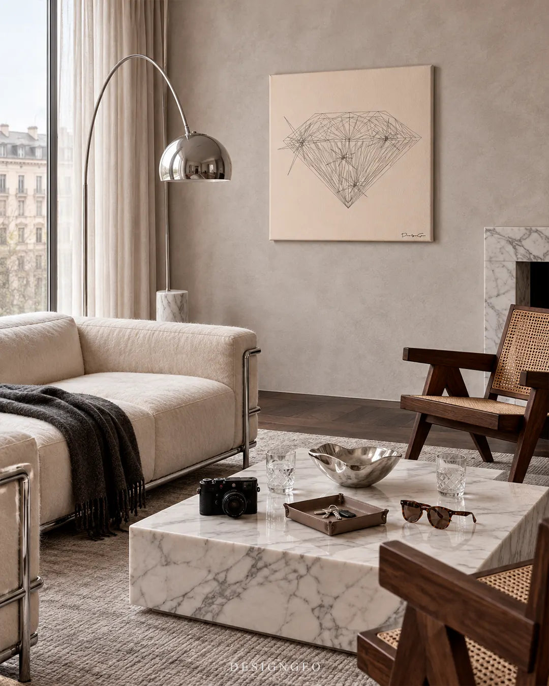 Square beige canvas print showing an architectural diamond line art illustration hanging on a wall in a luxury living room above a marble coffee table