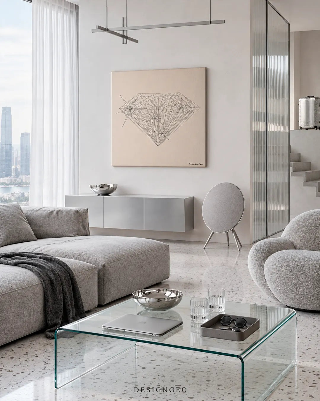 Square beige canvas print featuring a minimalist geometric diamond outline sketch mounted on a light grey wall in a modern living room