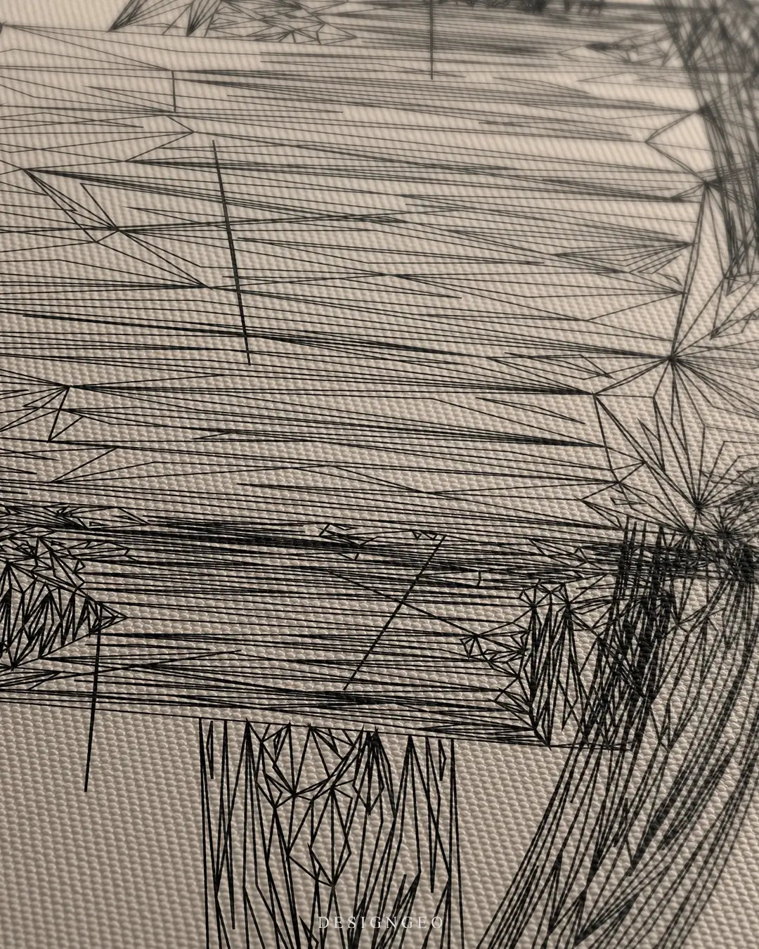 Close-up of minimalist Art Deco ring art showing intricate black geometric lines and sharp facets of the central diamond on a neutral beige canvas background