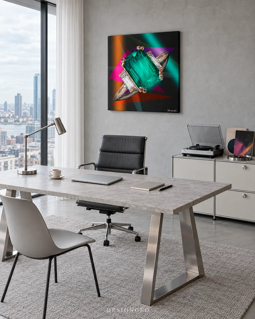 Square canvas print of an emerald cut green diamond ring mounted on a grey wall in a modern executive office above a concrete desk