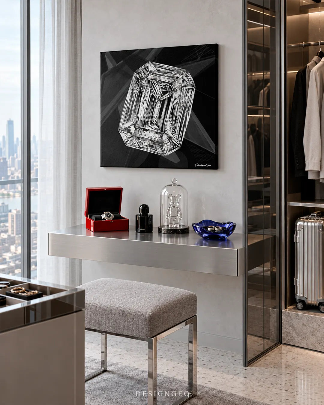 Square black canvas print featuring a white hand-drawn emerald cut diamond sketch mounted on a light grey wall in a luxury dressing room above a stainless steel floating console desk